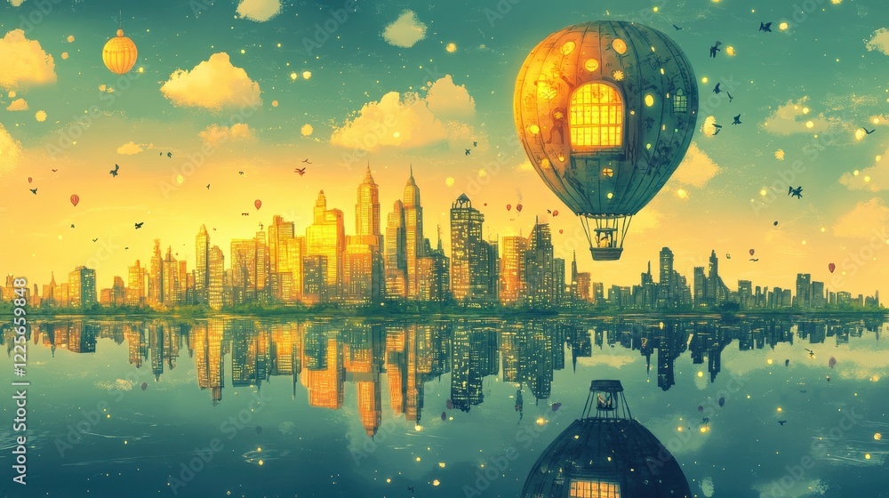 Naklejka premium Magical Hot Air Balloon Soaring Over Cityscape