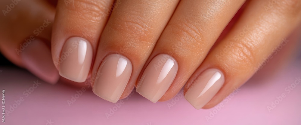 Closeup Nude Manicure, Pink Background, Beauty, Spa Closeup Nude Manicure, Pink Background, Beauty, Spa