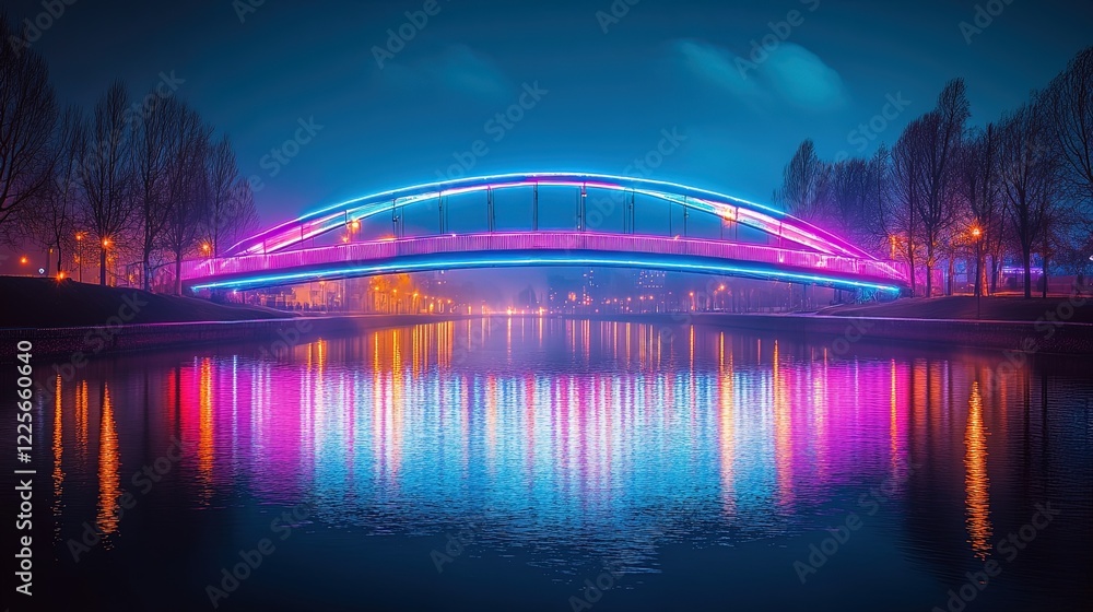 Obraz premium A stunning view of a neon-lit bridge spanning across a river, illuminated at night, creating a striking visual landmark 