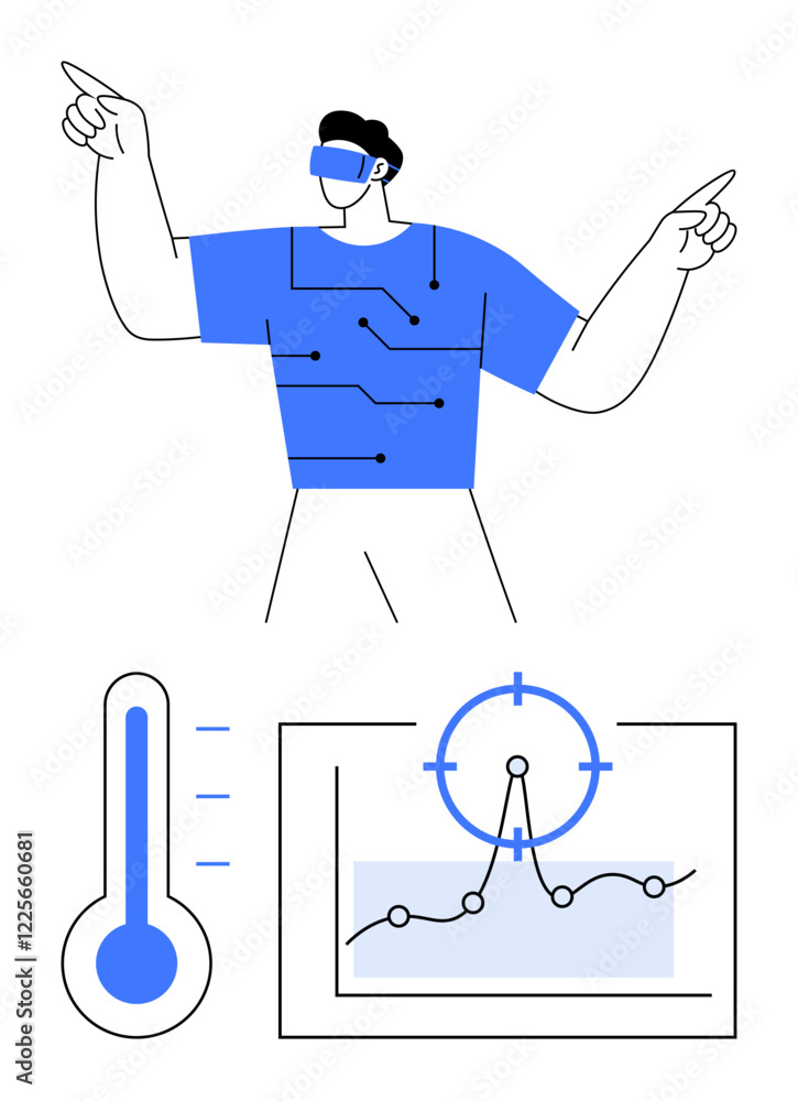 Man wearing VR goggles interacts with connected digital elements. Includes thermometer, graph with target overlay. Ideal for tech innovation, data, gaming, VR, AI, analysis abstract line flat Man wearing VR goggles interacts with connected digital elements. Includes thermometer, graph with target overlay. Ideal for tech innovation, data, gaming, VR, AI, analysis abstract line flat