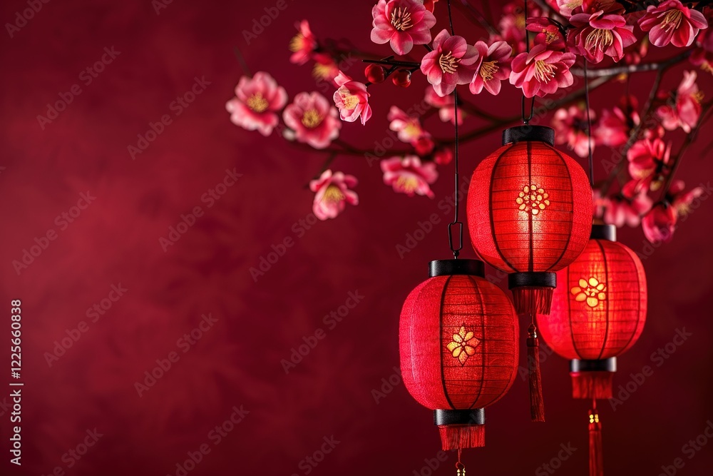 Red hanging lantern traditional Asian decor on red background with flowers. Chinese lantern festival. New Year abstract greeting backdrop with copy space. Design for poster, card, banner Red hanging lantern traditional Asian decor on red background with flowers. Chinese lantern festival. New Year abstract greeting backdrop with copy space. Design for poster, card, banner