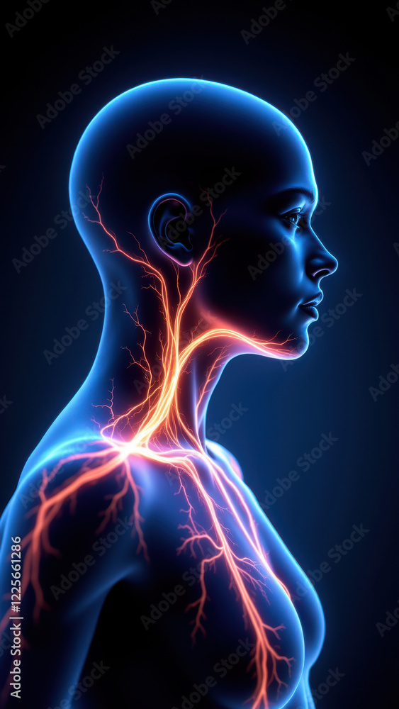 Illustration of a human head with highlighted VNS (Vagus Nerve Stimulation) points on neck and chest. Illustration of a human head with highlighted VNS (Vagus Nerve Stimulation) points on neck and chest.