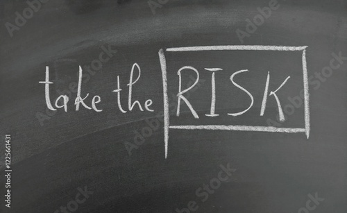 Motivational Text on Chalkboard with the motivational phrase 'Take the Risk' handwritten in chalk, symbolizing inspiration, courage, and decision-making.