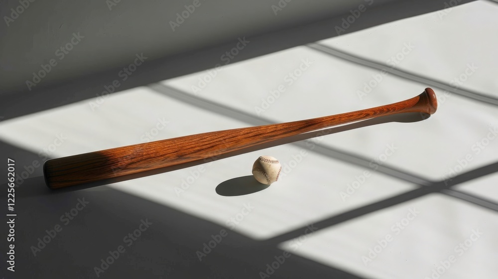 Long Shadow of a Wooden Baseball Bat Beside a Glove and Ball on a White Surface During Afternoon Light Long Shadow of a Wooden Baseball Bat Beside a Glove and Ball on a White Surface During Afternoon Light