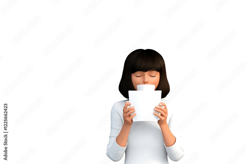 woman sipping coffee while reading isolated on white background woman sipping coffee while reading isolated on white background