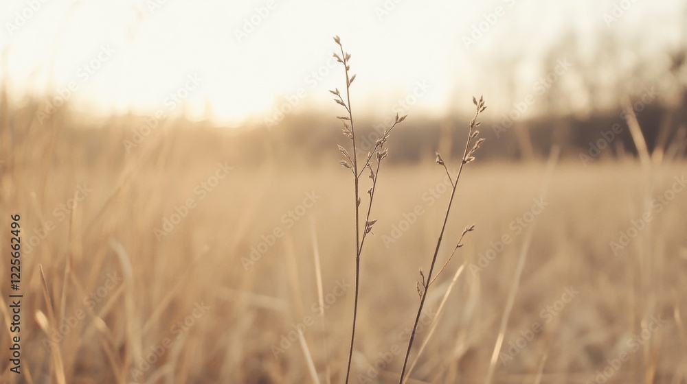 Obraz premium Golden hour sunset illuminating tall grass and small plants in a field.
