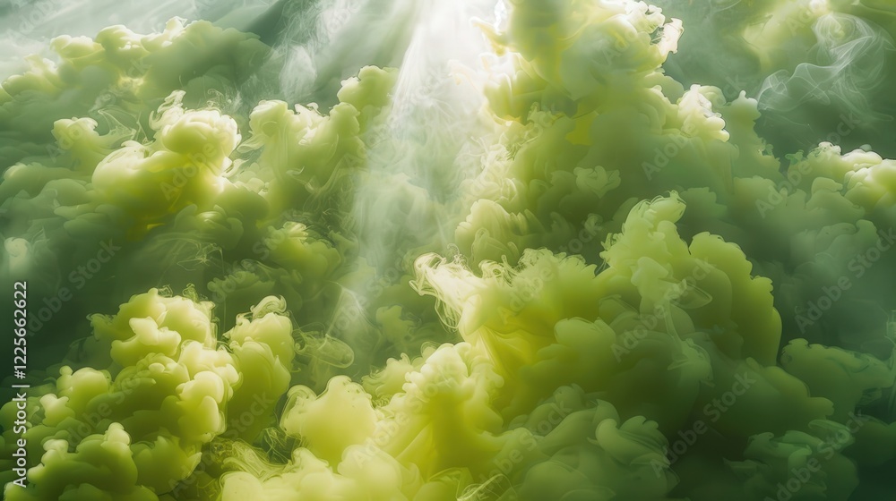 Beam of Light Reveals Shapes Within a Green Smoke Cloud in a Dark Setting at Twilight Beam of Light Reveals Shapes Within a Green Smoke Cloud in a Dark Setting at Twilight