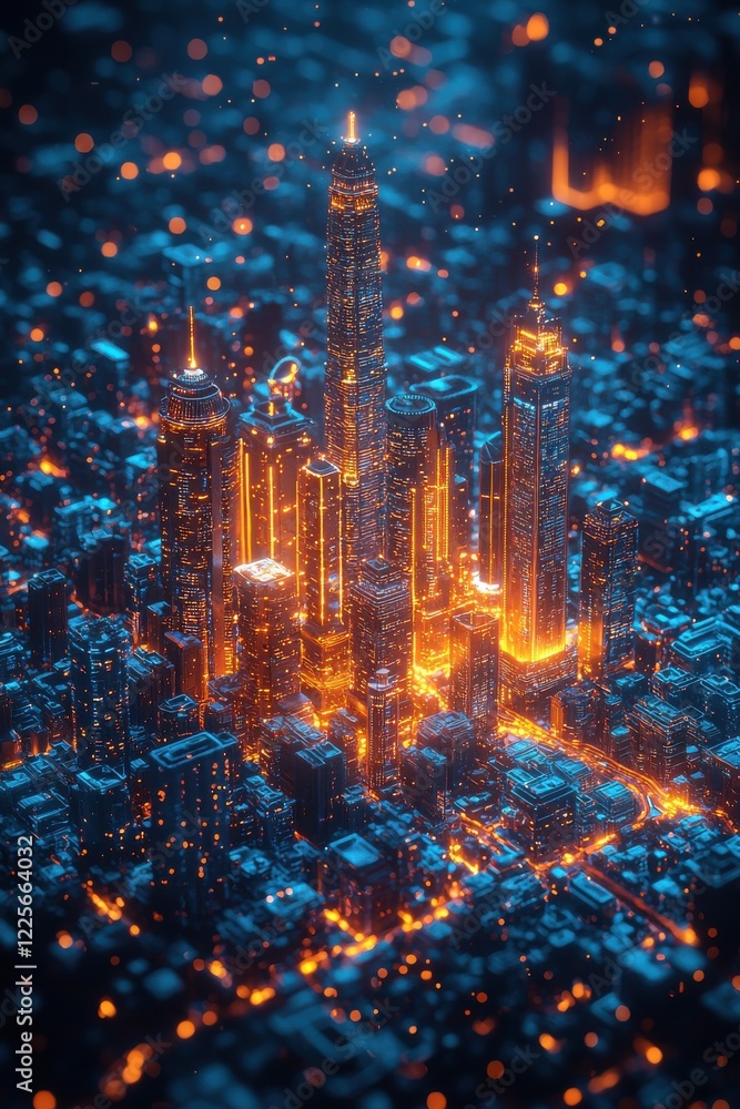 Fototapeta premium Futuristic Digital Metropolis with Illuminated Skyscrapers and A Luminous Network