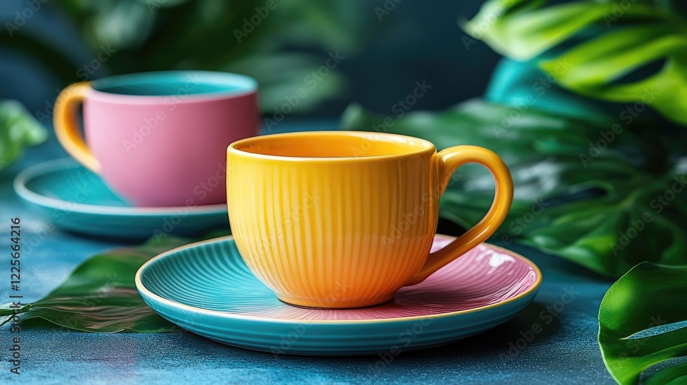 Fototapeta premium Colorful Ceramic Cups on Tropical Background: Vibrant Pink and Yellow Coffee Mugs with Leaves
