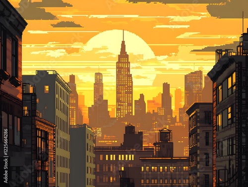 Pixel Art Cityscape Sunset: Golden Hour Urban Scene