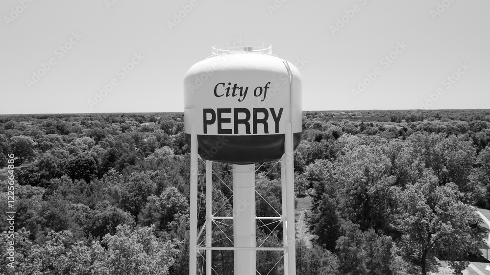 City of Perry, Michigan water tower in black and white.