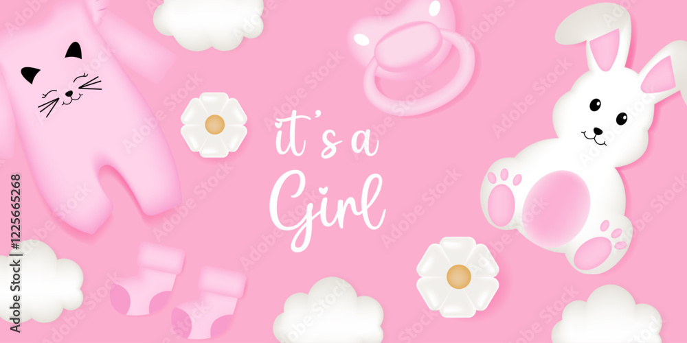 Baby shower design with bunny, sky, socks, pacifier and dress on pink background. It's a girl design.
Baby shower design with bunny, sky, socks, pacifier and dress on pink background. It's a girl design.