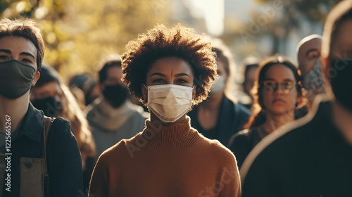 Young black woman wears a protective face mask in a crowd of people photo