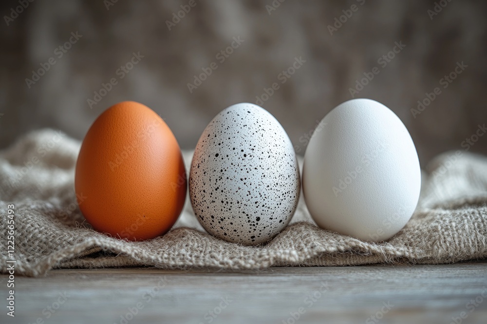 Variety of Eggs on Burlap: Brown, Speckled, and White Display Variety of Eggs on Burlap: Brown, Speckled, and White Display