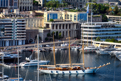 Obraz na płótnie Monaco Monte Carlo buildings and port in summer, sea and mountains w salonie
