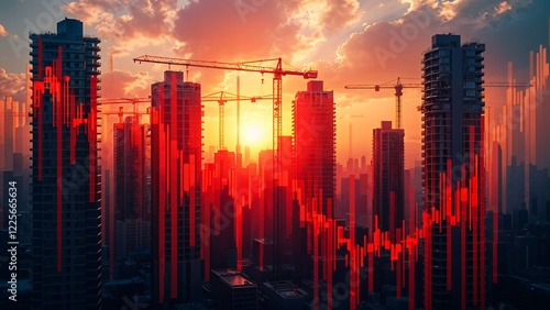 Stock market downturn concept with red financial graph over modern city skyline and construction cranes at sunset, stock market, trading.