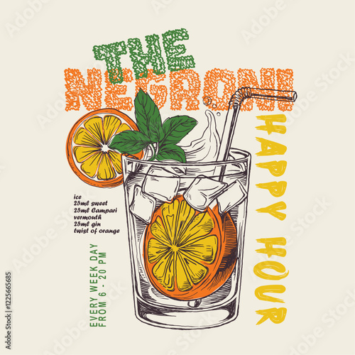 Negroni cocktail Vintage vector. drink summer party.orange for cocktail. Cocktails retro poster vector, summer t shirt design . Drinks, Cocktails, Party poster design. girls graphic. print design.