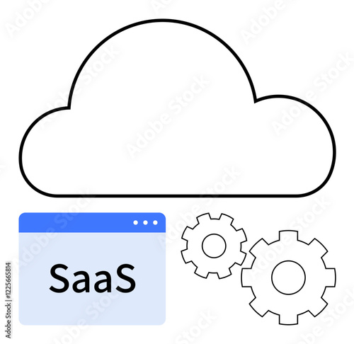 White cloud outline represents cloud computing above a blue SaaS application window next to two gears. Ideal for technology, cloud services, SaaS, software development, automation, IT infrastructure