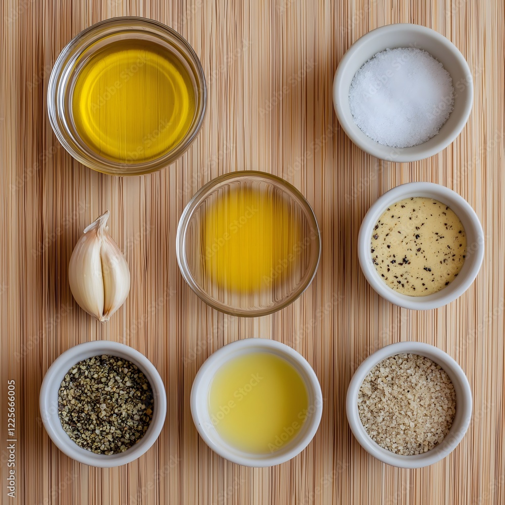 Simple Salad Dressing Ingredients: An overhead view of a rustic wooden surface showcasing an assortment of ingredients for homemade salad dressing. The scene includes olive oil, lemon juice, garlic. Simple Salad Dressing Ingredients: An overhead view of a rustic wooden surface showcasing an assortment of ingredients for homemade salad dressing. The scene includes olive oil, lemon juice, garlic.
