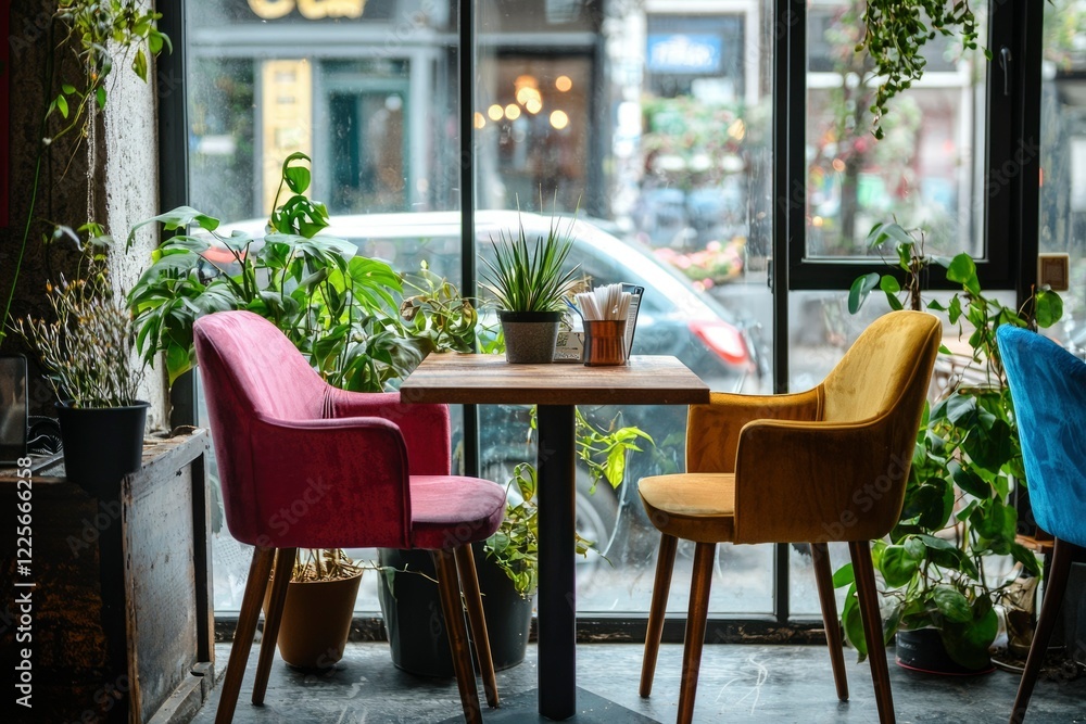 Fototapeta premium Colorful Chairs and Plants Adorn Cafe Window Table