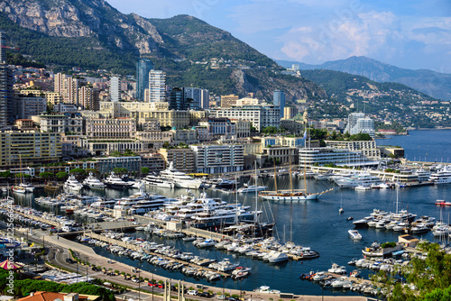 Obraz na płótnie Monaco Monte Carlo buildings and port in summer, sea and mountains w salonie