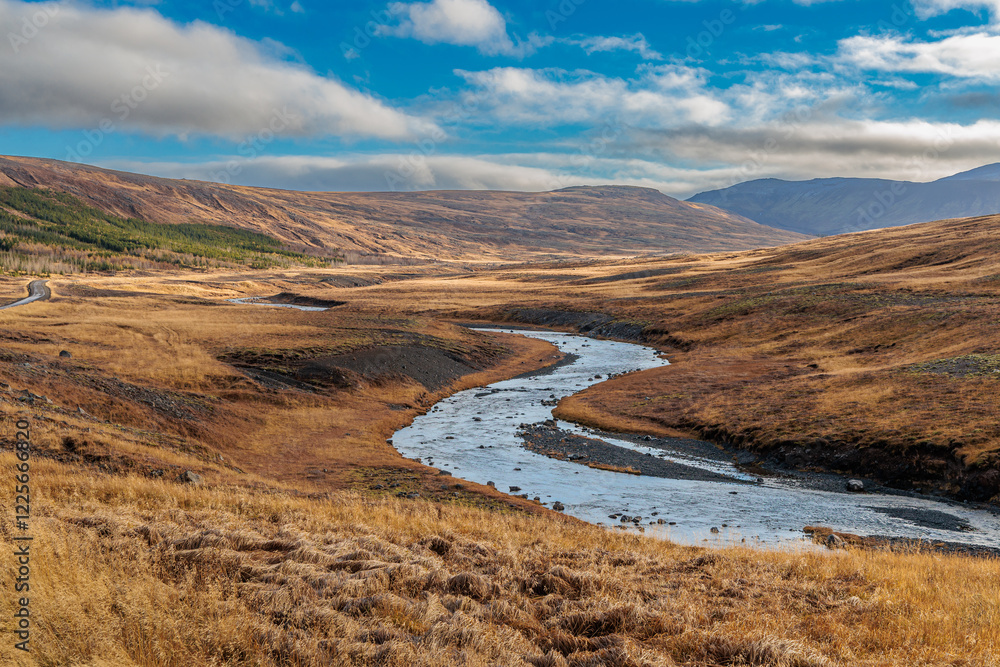 Typical autumn lowland landscape on the west coast of Iceland