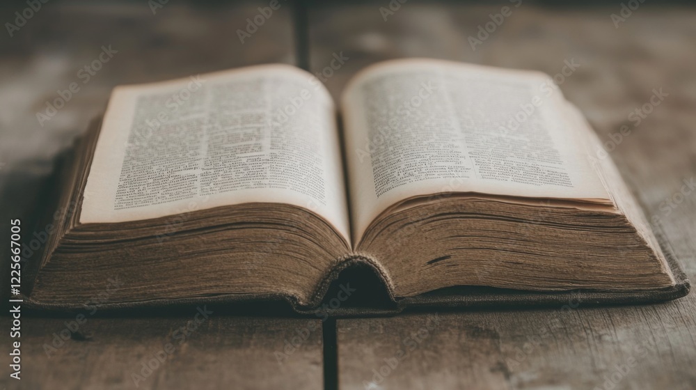 Open antique book on rustic wooden surface. Open antique book on rustic wooden surface.