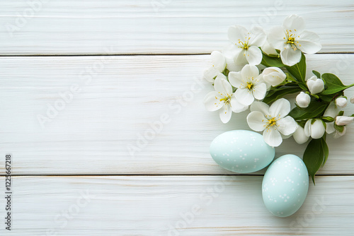 Pastel Easter Egg Arrangement with Spring Flowers on Wooden Background for Seasonal Decorations and Festive Themes