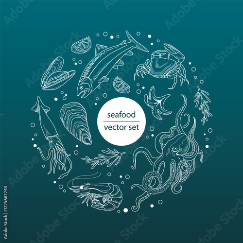 A set of linear seafood isolated in a circle. Octopus, shrimp, langoustines, salmon, trout, oysters, mussels, squid, crab, lemon, rosemary. Hand drawn vector illustration of sea elements.