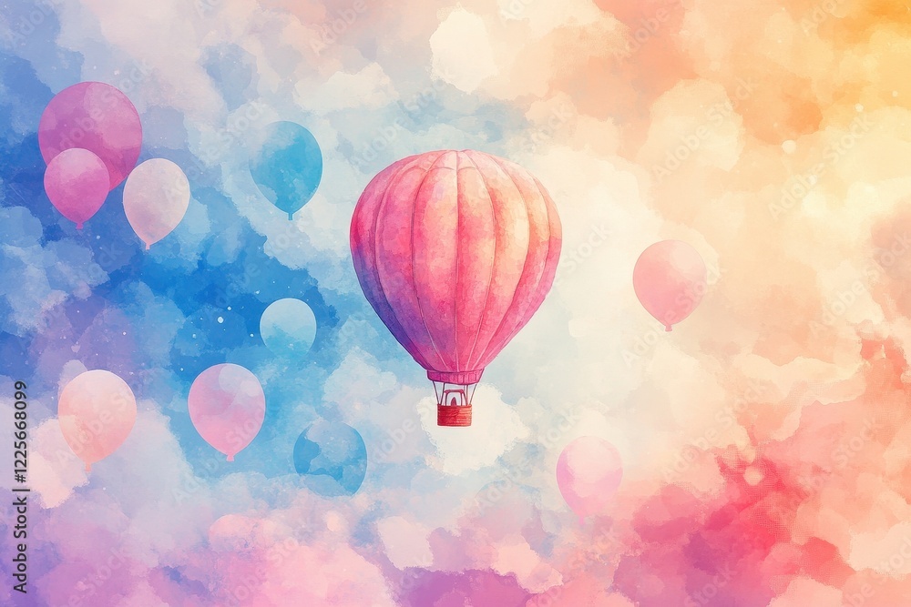 Naklejka premium Pink Hot Air Balloon Soaring Through Pastel Cloudscape