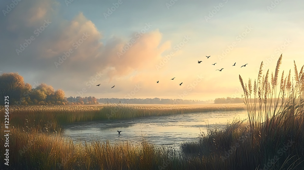 Fototapeta premium A peaceful lakeshore with reeds swaying in the breeze and the distant sound of waterfowl