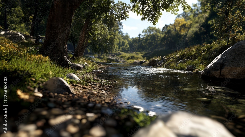 Tranquil Forest Scene with Flowing River, Lush Greenery, Gentle Water Flow, Inviting Atmosphere, Immersive Depth and Perspective Tranquil Forest Scene with Flowing River, Lush Greenery, Gentle Water Flow, Inviting Atmosphere, Immersive Depth and Perspective