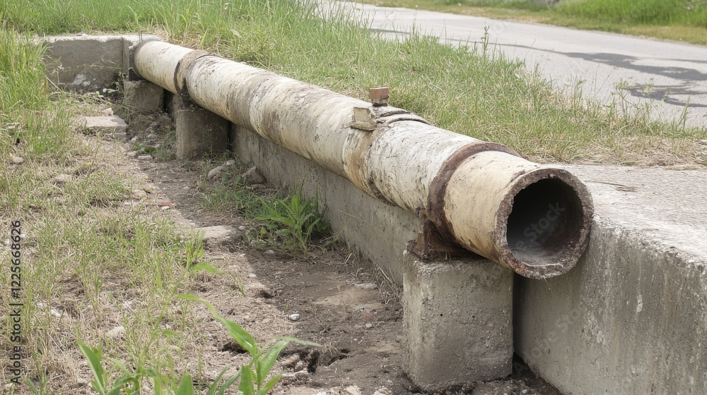 Rusted metal pipe outdoors on concrete blocks. Rusted metal pipe outdoors on concrete blocks.