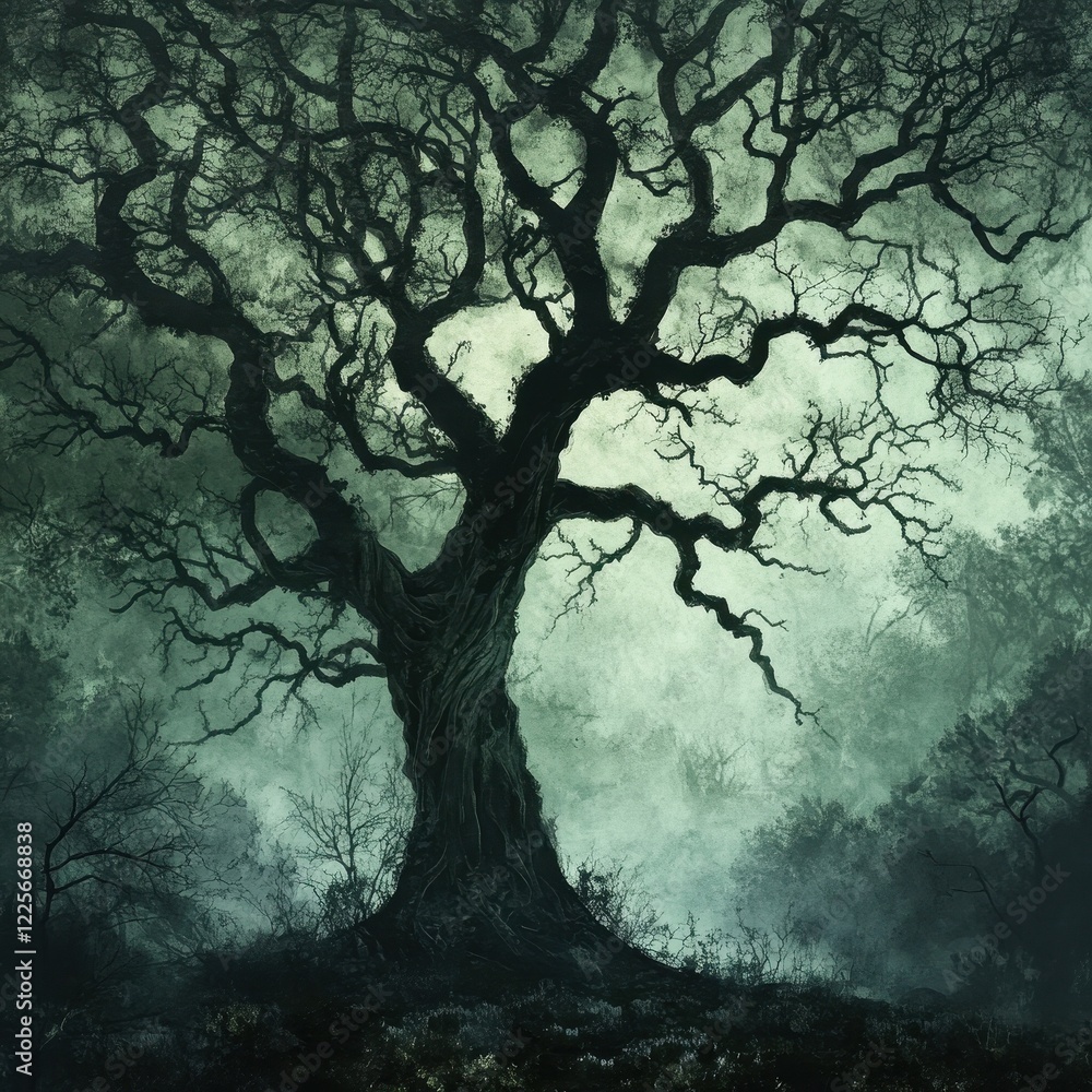 Fototapeta premium Ancient Twisted Oak Tree in a Misty Forest