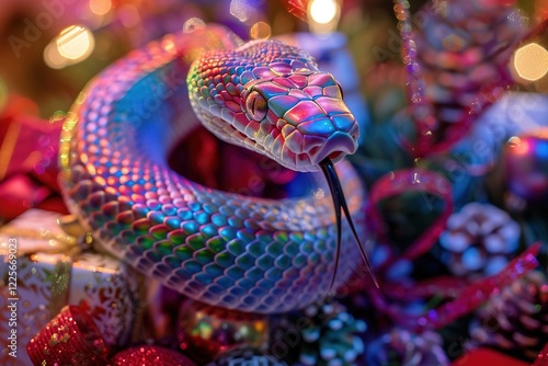 A scaly, rainbow-colored snake weaves through a festive array of Christmas presents and decorations, highlighting a theme of unexpected holiday surprises. photo