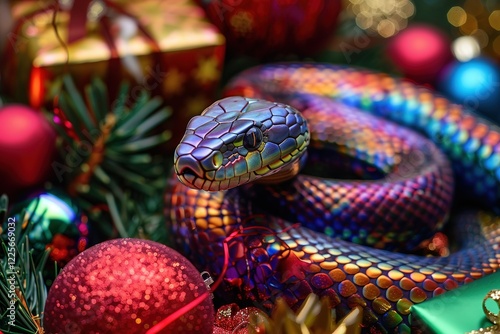 A scaly, rainbow-colored snake weaves through a festive array of Christmas presents and decorations, highlighting a theme of unexpected holiday surprises. photo