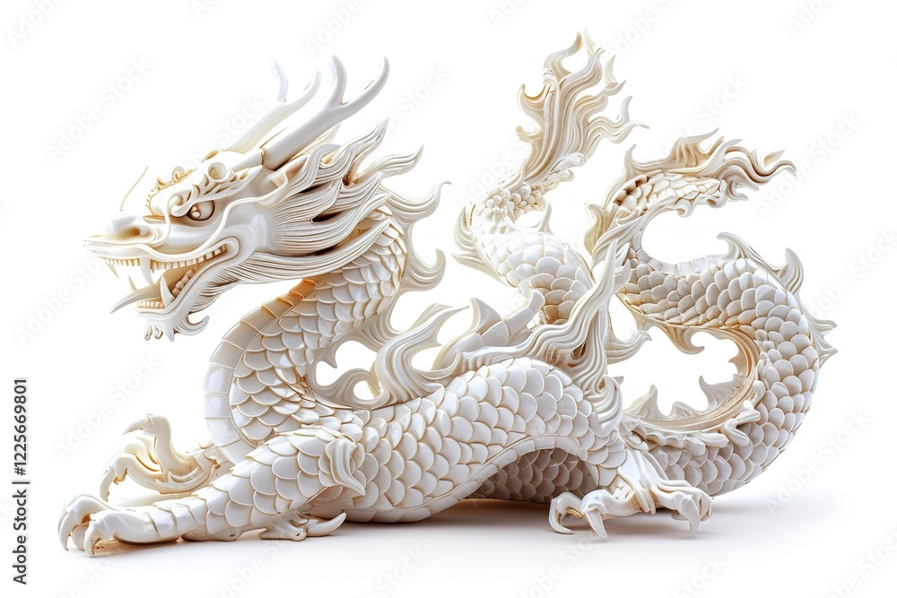 Fototapeta premium Chinese white dragon isolated on white. White traditional Chinese dragon isolated on White background. Chinese new year concept banner dragon dance on the solid background. Chinese emerald dragon.