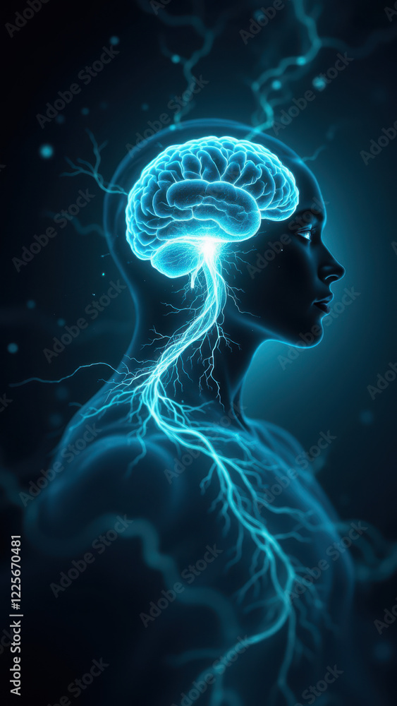 Illustration of a human head with VNS or Vagus Nerve Stimulation represented by electrical current flowing through the body and brain. Illustration of a human head with VNS or Vagus Nerve Stimulation represented by electrical current flowing through the body and brain.