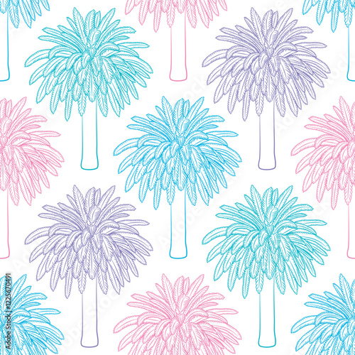 Retro palm tree pattern in pink, purple, aqua and blue. Tropical seamless vector illustration.