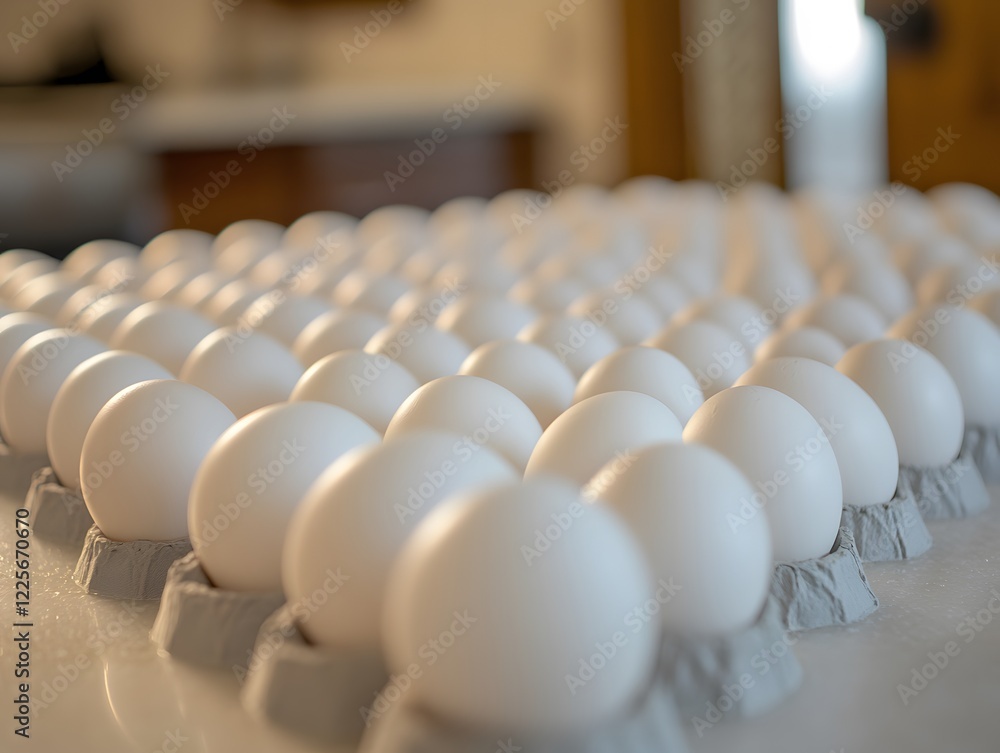 Obraz premium Many White Eggs in Carton Rows, Kitchen Background