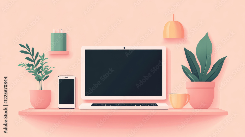 Minimalist Workspace with Laptop, Smartphone, and Houseplants on Pink Shelf Minimalist Workspace with Laptop, Smartphone, and Houseplants on Pink Shelf