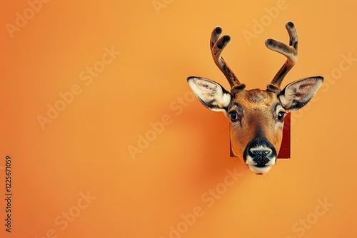 cute xmas rudolf reindeer peeking from orange wall.Banner/website/design photo