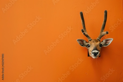 cute xmas rudolf reindeer peeking from orange wall.Banner/website/design photo