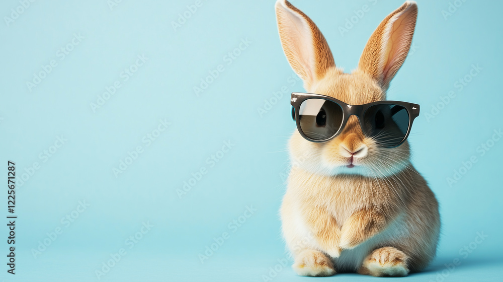 Funny cute rabbit, easter bunny wearing trendy sunglasses. Pastel blue background. Beautiful design for easter greeting card, invitation card. Copy space available. Easter theme. Funny cute rabbit, easter bunny wearing trendy sunglasses. Pastel blue background. Beautiful design for easter greeting card, invitation card. Copy space available. Easter theme.