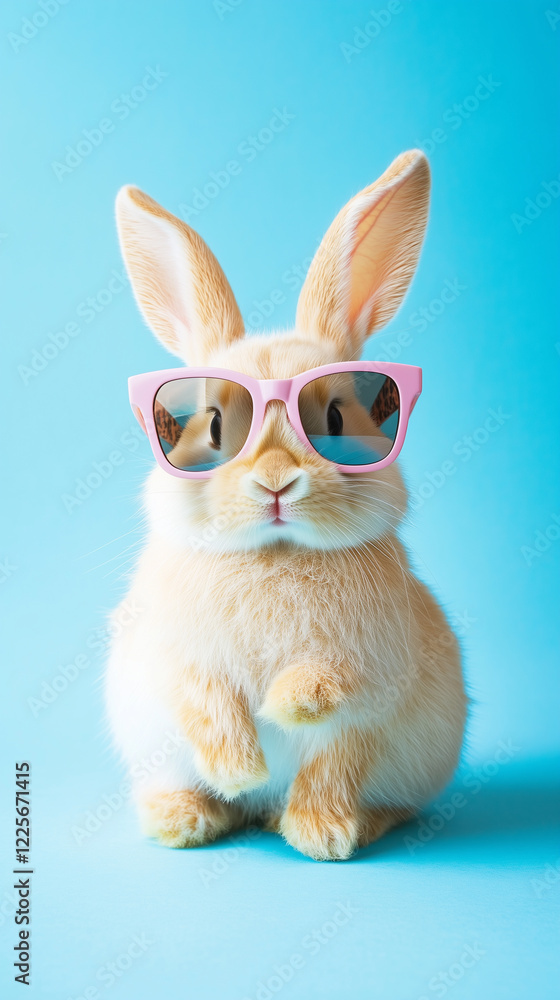 Fototapeta premium Funny cute rabbit, easter bunny wearing trendy sunglasses. Pastel blue background. Beautiful design for easter greeting card, invitation card. Copy space available. Easter theme.