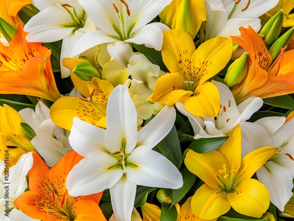 Fototapeta premium Vibrant Bouquet of Lilies and Alstroemerias