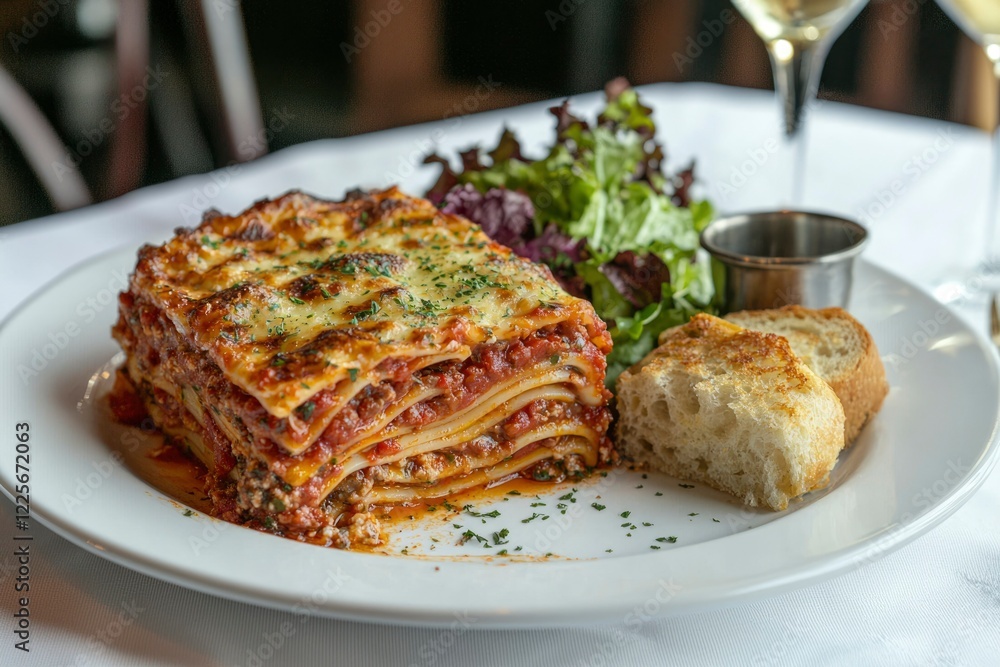 Delicious Lasagna Serving with Salad and Bread Delicious Lasagna Serving with Salad and Bread