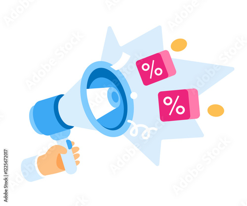 Megafon discounts percent coins flat icon. Sales and shopping online discount. Expressive emblem geometric element. Blue and red.