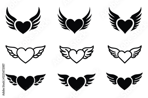 Set of hearts icons. Black and white vector illustration isolated on white background.