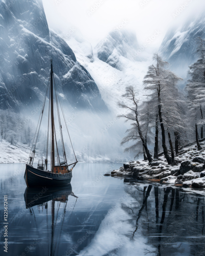 Altes Holzschiff, Wikingerboot in einem Fjord, umgeben von Bergen, Generative AI